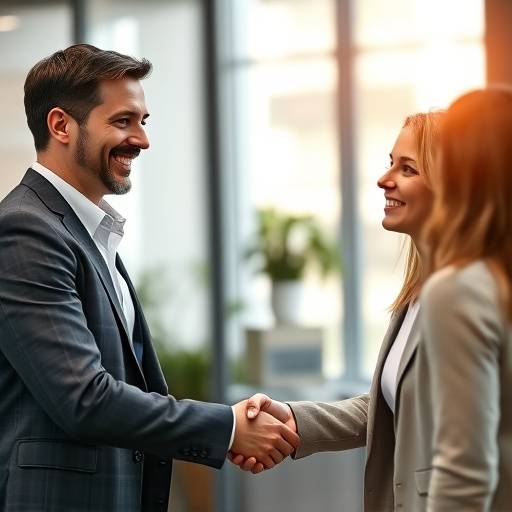 Smiling candidate shaking hands with interviewer